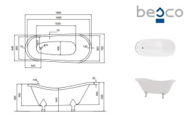Ванна акриловая Besco Otylia 170х77 см черныйглянцевый/белый глянцевый/ножки хром #WKO-170-BWC