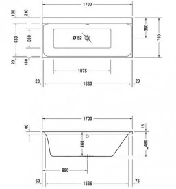 Ванна акрилова Duravit P3 Comforts 170х75 см прямокутна білий 700376000000000