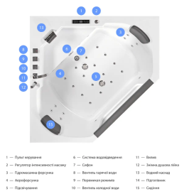 Ванна акрилова Iris 155х155х65 см з гідромасажем та аеромасажем білий TLP-643 new