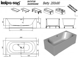 Ванна акрилова Kolpa San Betty 200х90 см/О з комбінованою (повітря+вода) масажною системою+MIKRO та панеллю білий 513680
