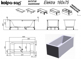 Ванна акриловая Kolpa San Elektra 160х75 см/О с комбинированной (воздух+вода) массажной системой и панелью белый 591140