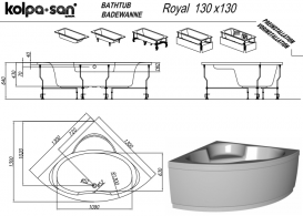 Ванна акриловая Kolpa San Royal 130х130 см/О с комбинированной (воздух+вода) массажной системой и панелью белый 591470