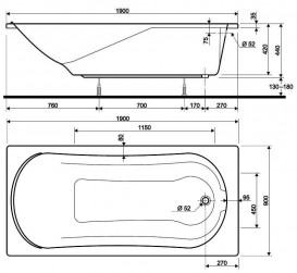 Ванна акрилова прямокутна Kolo колекція Comfort 190х90х44 + Ніжки SN8 + Сифон Geberit XWP309000G