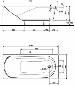 Ванна акрилова прямокутна Kolo колекція Comfort 170х75х44 + Ніжки SN7 + Сифон Geberit XWP307000G