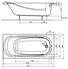 Ванна акриловая прямоугольная Kolo Saga 170х80 с ножками и элементами крепления XWP3870000