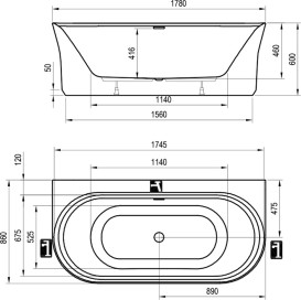 Ванна акриловая Ravak Ypsilon Wall 178x86 см белый/дымчато-серый XC00100077