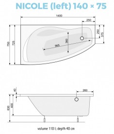 Ванна акрилова кутова PoolSpa колекція Nicole 140х75 L ліва з рамою білий PWAOA10ZS000000