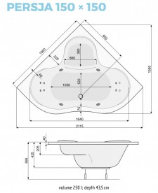 Ванна акриловая угловая PoolSpa коллекция Persja 150х150 с ножками белый PWSH610ZN000000