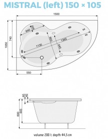 Ванна гидромассажная акриловая PoolSpa Mistral 150х105 L левая система Smart 1 белый PHA3Z10ST1C0000