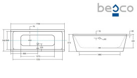Ванна из искусственного камня Besco Vena 170х75 см с сифоном клик-клак хром санитарный композит белый глянцевый #WKVE-170-WS