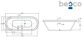 Ванна из искусственного камня Besco Victoria 160х75 см с сифоном клик-клак хром санитарный композит белый глянцевый #WKV-160-WZ