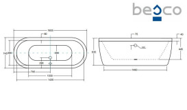 Ванна из искусственного камня Besco Victoria 160х75 см с сифоном клик-клак хром санитарный композит белый глянцевый #WKV-160-WOS