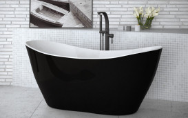 Ванна из искусственного камня Besco Viya 170х72 см с сифоном хром Mineral DuraBe глянцевый черный/глянцевый белый #WMD-170-VBW