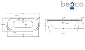 Ванна зі штучного каменю Besco Volya 170х75 см із сифоном клік-клак хром санітарний композит білий глянсовий #WKV-170-WS