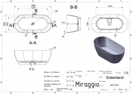 Ванна із штучного каменю Miraggio Greenland 168х80,5 см см литий мармур Mirasoft чорний (RAL 9005) 0002303