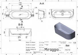 Ванна із штучного каменю Miraggio Bali 170x75 см без переливу литий мармур Miramarble білий 0000264