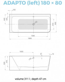 Ванна из искусственного камня PoolSpa Adapto 180x80 см асимметричная L левая с ножками и сифоном белый глянцевый PWKCL10ZPSC0000