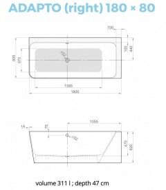Ванна з штучного каменю PoolSpa Adapto 180x80 см асимметрична R права з ніжками та сифоном білий глянсовий PWKCR10ZPSC0000