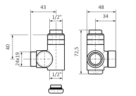 Вентиль Terma інтегрований запірний із трійником CYLINDER лівий метал чорний TGZOCZ004
