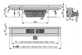 Водоотводящий желоб AlcaPlast Wall с порогами для цельной решетки и фиксированным воротником к стене APZ16-850