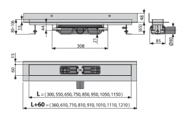 Водотводящий желоб AlcaPlast Wall с порогами для цельной решетки и фиксированным воротником к стене APZ116-850