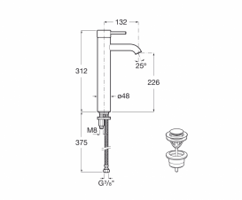 Высокий смеситель для раковины однорычажный Roca Lanta с донным клапаном click-clack холодный старт хром A5A3411C00