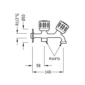 Запорный вентиль Tres Ese-23 для стиральной машины двойной холодная вода 1/2'' - 3/4'' - 3/4'' хром 02351501