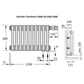 Радиатор центрального отопления Zehnder Charleston 1196 x 600 белый 4060-26-9016-V002-SMB