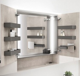 Зеркальный шкафчик подвесной Geberit Acanto 75х83 см с подсветкой две дверцы ДСП дуб мистик/меламин структура дерева 500.645.00.2