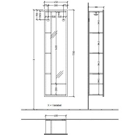 Зеркало для ванной Villeroy & Boch Subway 3.0 45х170 см с полками слева ДСП вулканический черный C59600VL