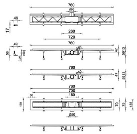 Желоб водосточный Styron с решеткой под плитку Floor 700 мм нержавеющая сталь STY-F-70