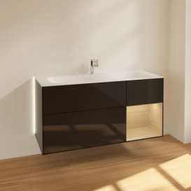 Тумба под раковину Villeroy & Boch Finion 119,6х49,8 см с подсветкой МДФ глянцевый черный лак/шпон дуба G070PCPH