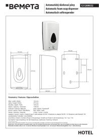 Автоматичний дозатор для пінного мила Bemeta Hotel 1000 мл пластик білий глянсовий 121209032