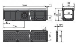 Дренажний канал AlcaPlast 100 мм з металевою рамою і чавунною решіткою D400 AVZ103-R201