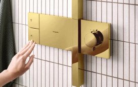 Душова стійка Hansgrohe Raindance Alive Q 34х21 см 1jet EcoSmart із термостатом золото 24581990