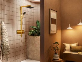 Душова стійка Hansgrohe Raindance Alive Q 210/340 2jet EcoSmart із термостатом золото 24591990