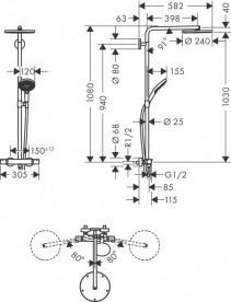 Душевая стойка Hansgrohe Raindance Select S Showerpipe 240 1jet с верхним и ручным душем бронза шлифованная 27633140
