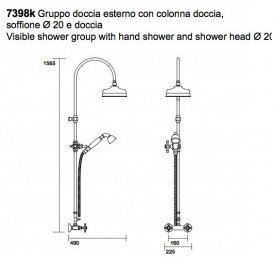 Душова стійка з верхнім душем Kerasan Retro Ø20 см і душовим комплектом золото 7398K1