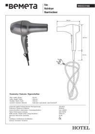 Фен без утримувача Bemeta Hotel 1800 Вт з іонізацією сірий глянець 945533166