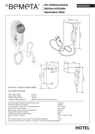 Фен с держателем Bemeta Hotel белый глянец 945533074