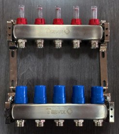 Коллектор для теплого пола Tervix Pro Line на 5 контуров с расходомерами нержавеющая сталь 501105