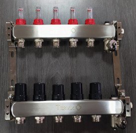 Коллектор для теплого пола Tervix Pro Line на 8 контуров с расходомерами краном Маевского и сливным краном нержавеющая сталь 501208