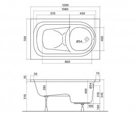 Ванна акриловая прямоугольная Kolo коллекция Diuna 120х70х42 XWP3120000