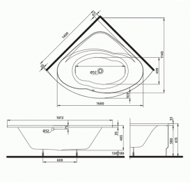 KOLO INSPIRATION Акрилова кутова ванна 140 * 140см з ніжками XWN3040000