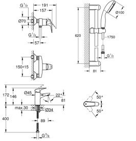 Комплект змішувачів для ванної Grohe Bau Flow 3 в 1 з душовим набором хром UA121630S