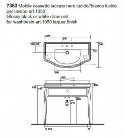 Консоль под раковину Kerasan Retro чёрный глянцевый ножки золото ручка золото с кристаллом 7363K4