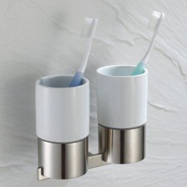 Cтакан для зубних щіток подвійний Kraus Aura з настінним тримачем сатин KEA-14416BN