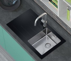 Кухонна мийка прямокутна фронтальна частина чорне скло pop-up механізм Apell Pura LEFT нержавіюча сталь Brushed PU861ILBC