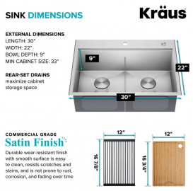 Мойка для кухни Kraus Kore двойная 76,2х55,9 см нержавеющая сталь KWT302-30