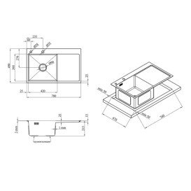 Мийка для кухні Kroner KRP Schwarze-7849LHM 78х49 см із змішувачем та дозатором нержавіюча сталь чорний PVD CVS30118